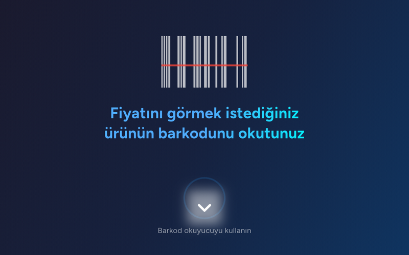Fiyat gör cihazının bekleme ekranı: barkod simgesi ve müşteriyi okutmaya yönlendiren mesaj