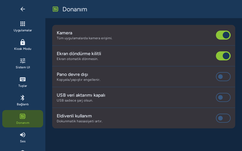 fiosk Launcher donanım ayarları: kamera, ekran döndürme, pano, USB ve eldivenli kullanım anahtarları