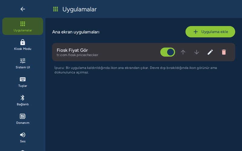 fiosk Launcher uygulama yönetimi ekranı